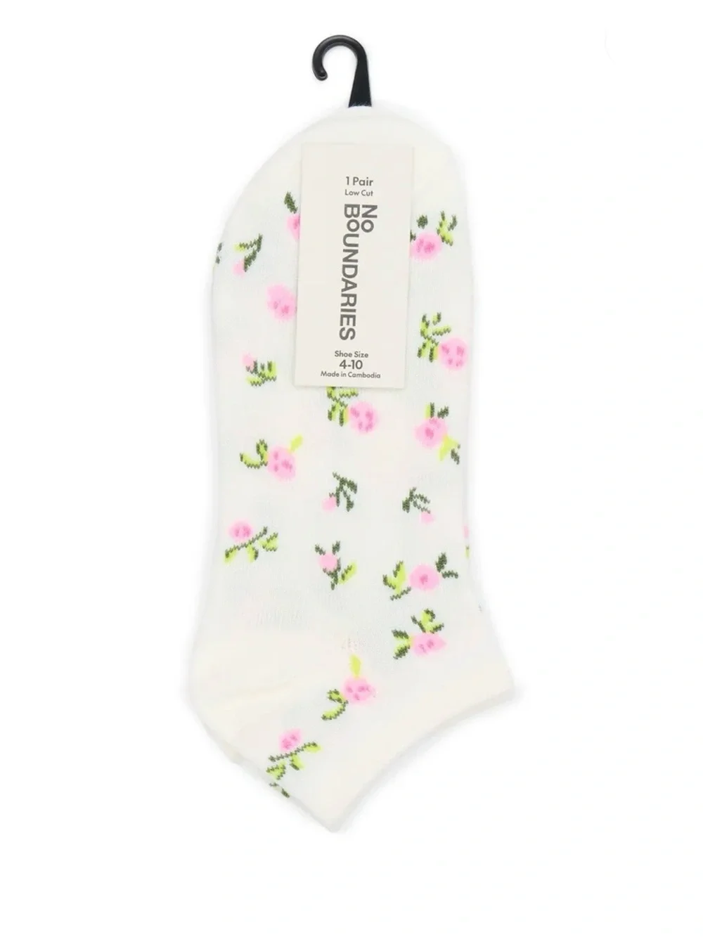💫 $3 No Boundaries White Low-Cut Socks with Pink and Green Floral Design
